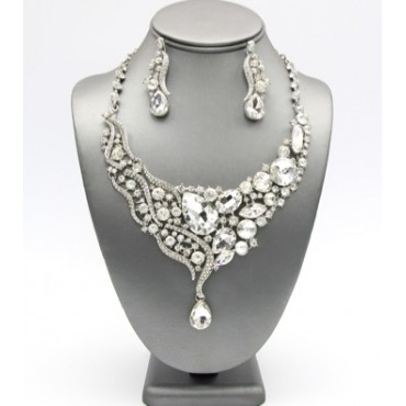 Silver w/Clear Crystal Pendant Bridal Necklace Set 