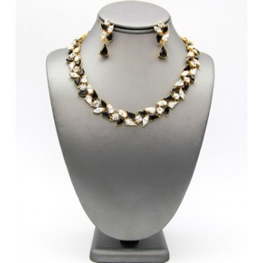 Gold w/Clear & Black Crystals Necklace Set 