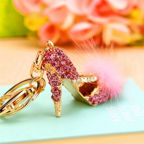 Pink Fur Ball w/Rhinestone High Heel Shoes Keychain 