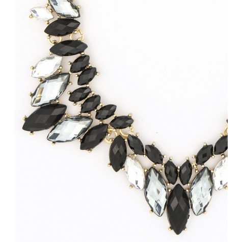 Gold w/Black & Clear Facet Crystal Stone Bib Necklace Set 