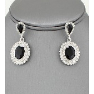 Silver w/Black Color Crystal Bridal Drop Earrings