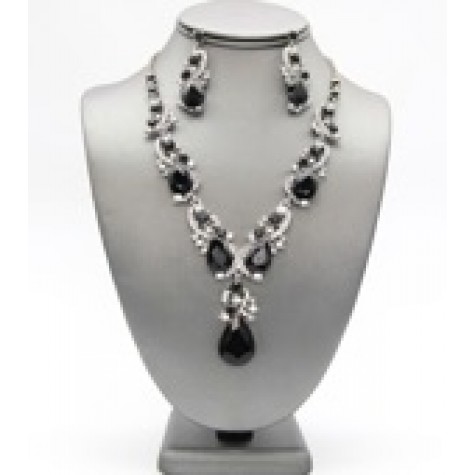 Silver w/Black Crystal Formal Pendant Necklace Set