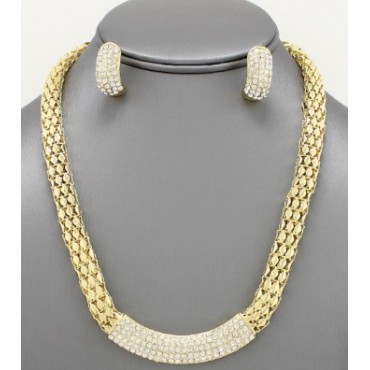 Gold w/Clear Rhinestone Box Chain Necklace Set