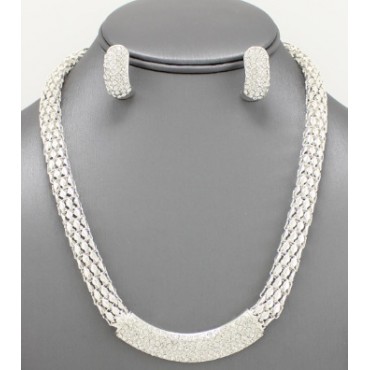 Silver w/Clear Rhinestone Box Chain Necklace Set