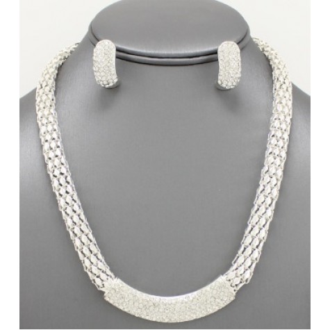 Silver w/Clear Rhinestone Box Chain Necklace Set