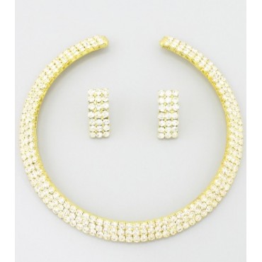 3-Row Gold w/Clear Rhinestone Choker  Necklace