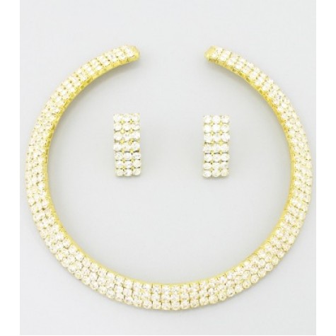 3-Row Gold w/Clear Rhinestone Choker  Necklace