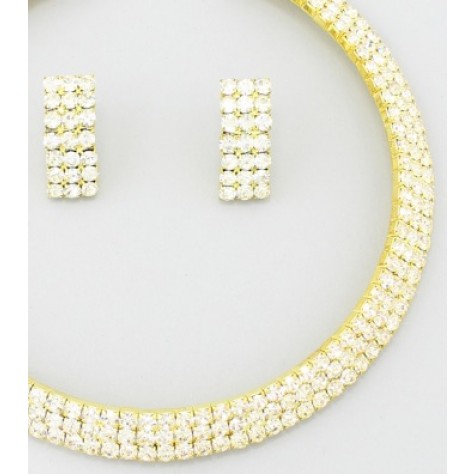 3-Row Gold w/Clear Rhinestone Choker  Necklace