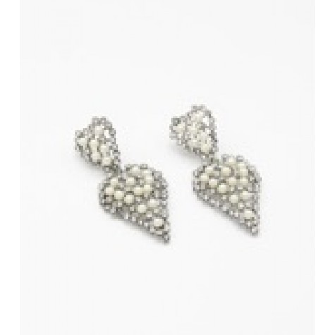 Silver w/Clear Crystal & White Pearl Beaded Heart Bridal Earrings