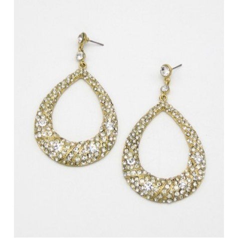 Gold w/Clear Crystal Bridal Drop Hoop Earrings 