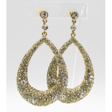 Gold w/Clear Crystal Bridal Drop Hoop Earrings 