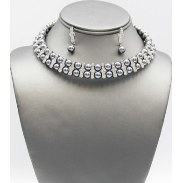 Grey Pearl w/Clear Rhinestone Accent Collar Set