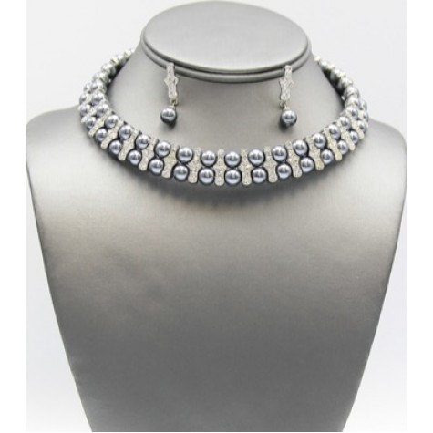 Grey Pearl w/Clear Rhinestone Accent Collar Set