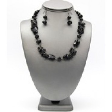 Silver w/Black Glass Beaded Necklace Set