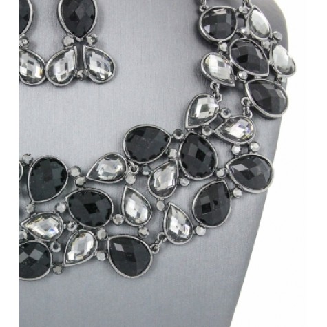 Silver w/Black & Clear Teardrop Crystal Bib Necklace