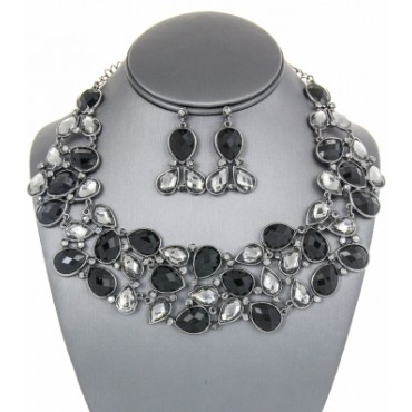 Silver w/Black & Clear Teardrop Crystal Bib Necklace