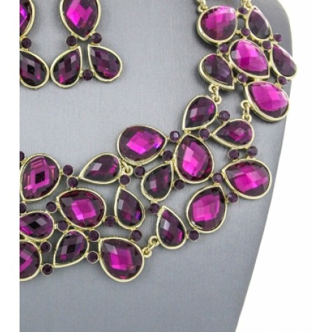 Gold w/Purple Teardrop Crystal Bib Necklace