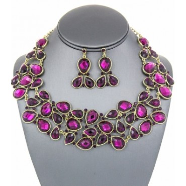 Gold w/Purple Teardrop Crystal Bib Necklace