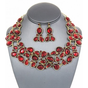 Gold w/Red Teardrop Crystal Bib Necklace