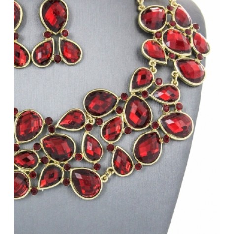 Gold w/Red Teardrop Crystal Bib Necklace