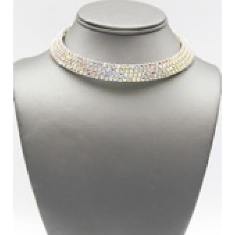 Silver w/Aurora Borealis 4-Row Rhinestone Choker Necklace Set