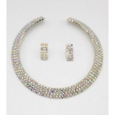 Silver w/Aurora Borealis 4-Row Rhinestone Choker Necklace Set