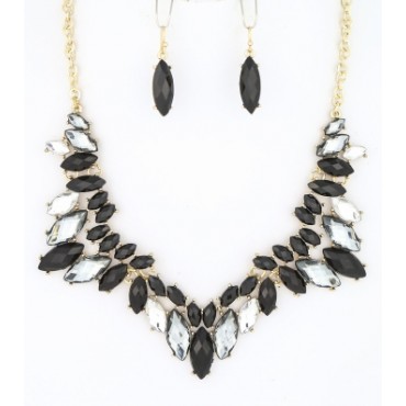 Gold w/Black & Clear Facet Crystal Stone Bib Necklace Set 