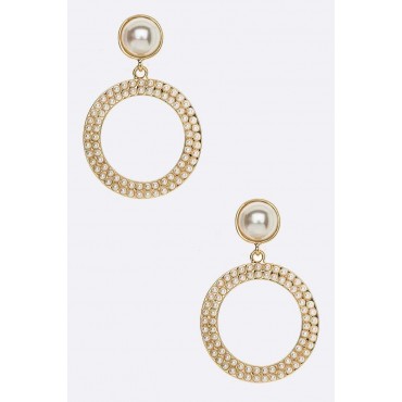 Gold w/Pearl Pave Hoop Drop Earrings 