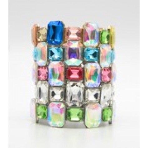 Silver Two-Square Clear Crystal Stretch Bracelet