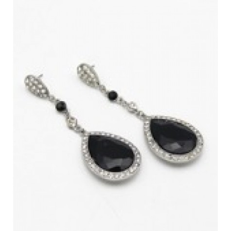 Silver w/Long Black Crystal Drop Earrings