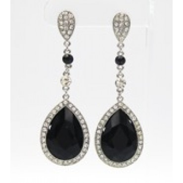 Silver w/Long Black Crystal Drop Earrings