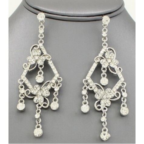 Silver w/Clear Crystal Bridal Post Chandelier Earrings