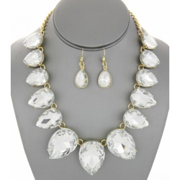 Gold w/Clear Crystal Teardrop Statement Necklace