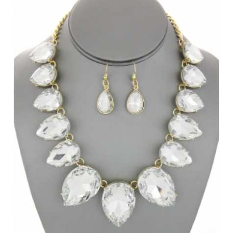 Gold w/Clear Crystal Teardrop Statement Necklace