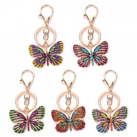 Gold w/Multi Color Rhinestones Butterfly Keychain