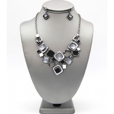 Silver w/Black Enamel Geo Collar Necklace Set