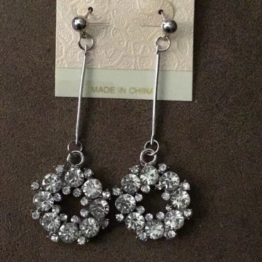 Silver w/Clear Round Crystal Long Dangle Earrings