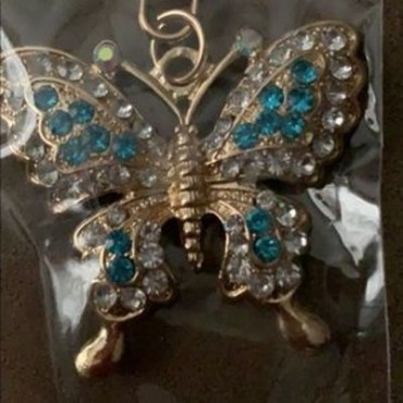 Gold w/Aqua Color Rhinestones Butterfly Keychain