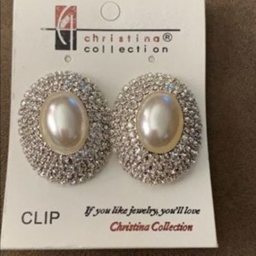 Silver w/Rhinestone & Pearl Clip-on Earrings 