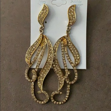 Gold w/Champagne Crystals Long Dangle Earrings