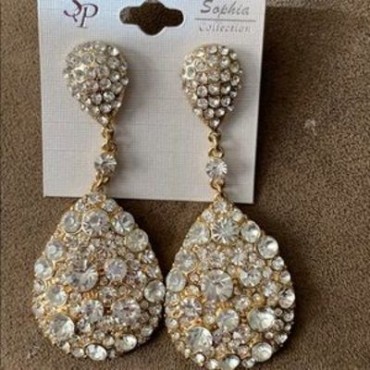 Gold w/Large Crystal & Rhinestone Dangle Teardrop Earrings 