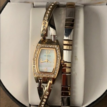 Two-Tone w/Clear Crystals Swirl Watch & Bracelet Set