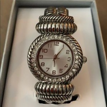 Silver w/Clear Rhinestones Bangle Watch 