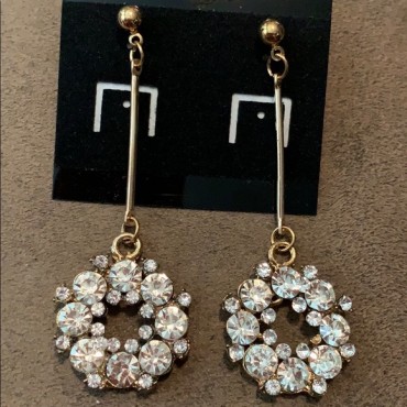 Gold w/Clear Round Crystal Long Dangle Earrings