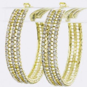 Gold 3 Row w/Clear Rhinestone Large Hoop Earrings