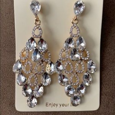 Gold w/Clear Crystal Teardrop Chandelier Earrings