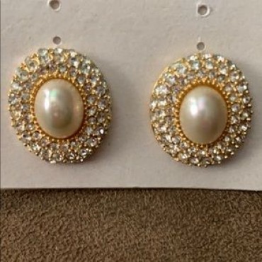 Gold Elegant Pave Crystal & Pearl Earrings 