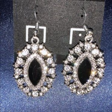 Silver w/Rhinestones & Black Stone Dangle Earrings