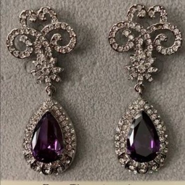 Silver Rhinestone w/Purple Teardrop Earrings 