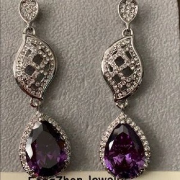 Silver Rhinestone Triple Design w/Purple Teardrop Earrings